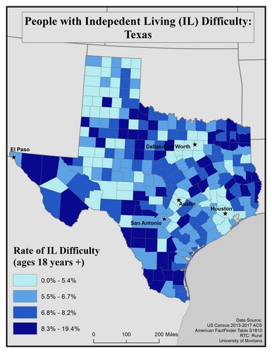 Map of TX showing rates of IL difficulty. Text description on page.