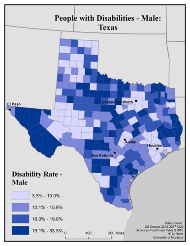 Map of TX showing rates of disability among males. Text description on page. 