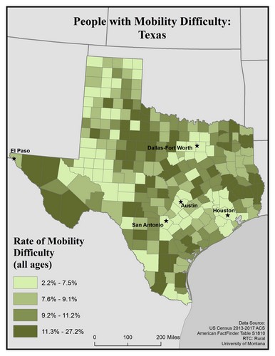 Map of TX showing rates of mobility difficulty. Text description on page.