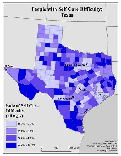 Map of TX showing rates of self-care difficulty. Text description on page.