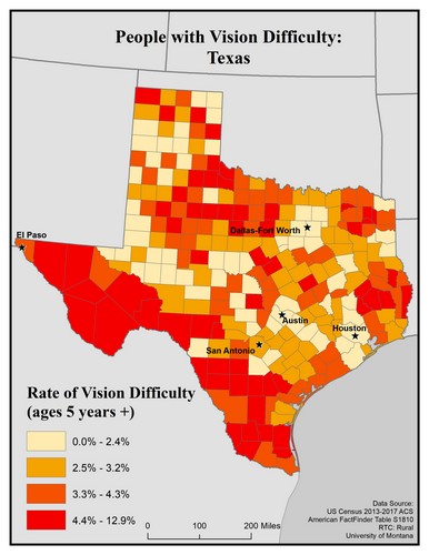 Map of TX showing rates of vision difficulty by county. Text description on page.