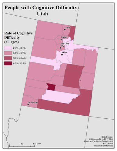 Map of UT showing rates of cognitive difficulty. Text description on page.