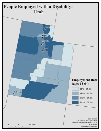 Map of UT showing rates of people with disability employed. Text description on page.