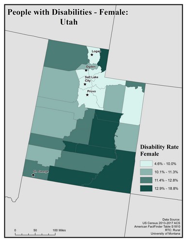 Map of UT showing rates of disability among females. Text description on page. 