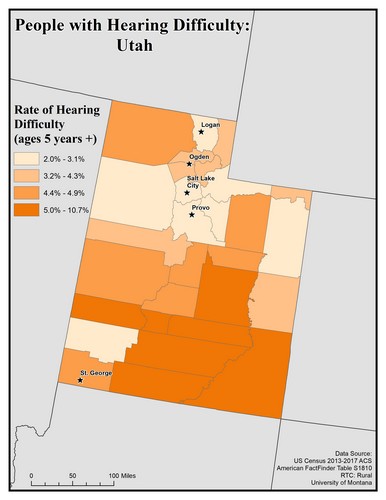 Map of UT showing rates of hearing impairment by county. Text description on page. 
