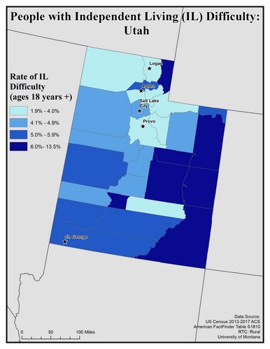 Map of UT showing rates of IL difficulty. Text description on page.