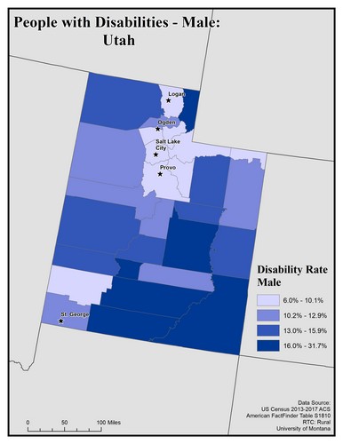 Map of UT showing rates of disability among males. Text description on page. 