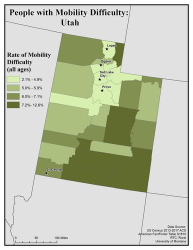 Map of UT showing rates of mobility difficulty. Text description on page.