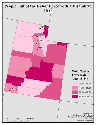 Map of UT showing rates of people with disability out of labor force. Text description on page.