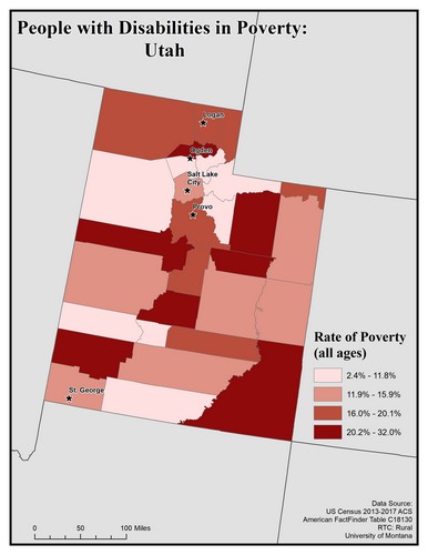 Map of UT showing rates of people with disabilities in poverty. Text description on page.
