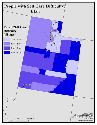 Map of UT showing rates of self-care difficulty. Text description on page.
