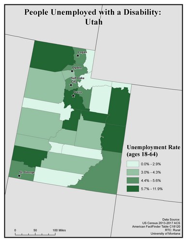 Map of UT showing rates of unemployment for people with disabilities. Text description on page.