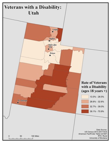 Map of UT showing rates of veterans with disability. Text description on page.