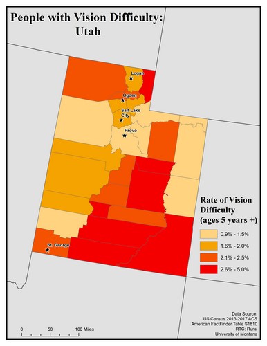 Map of UT showing rates of vision difficulty by county. Text description on page.