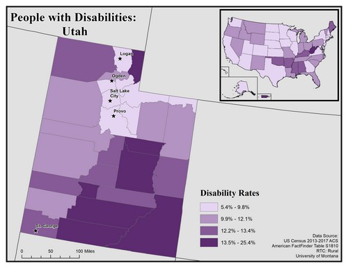 map of UT showing disability rate by county. Text description on page. 
