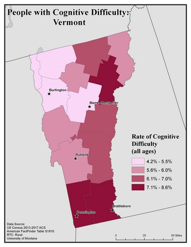 Map of VT showing rates of cognitive difficulty. Text description on page.
