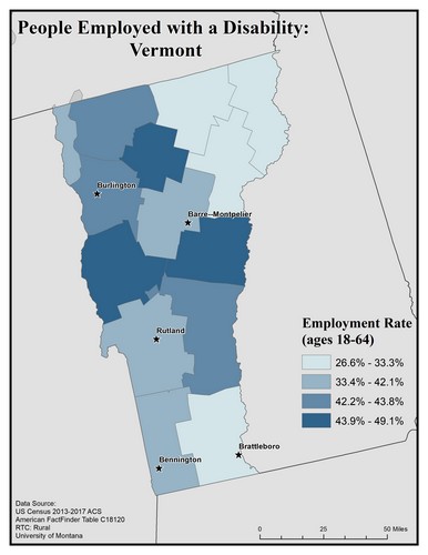 Map of VT showing rates of people with disability employed. Text description on page.