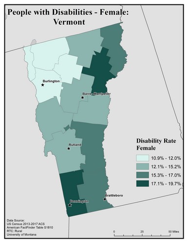 Map of VT showing rates of disability among females. Text description on page. 