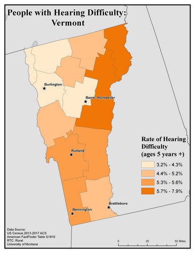 Map of VT showing rates of hearing impairment by county. Text description on page. 
