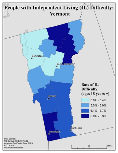 Map of VT showing rates of IL difficulty. Text description on page.