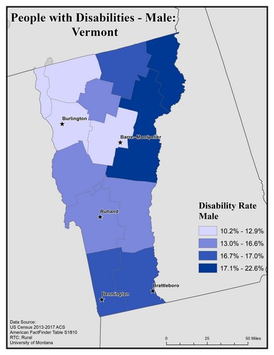 Map of VT showing rates of disability among males. Text description on page. 