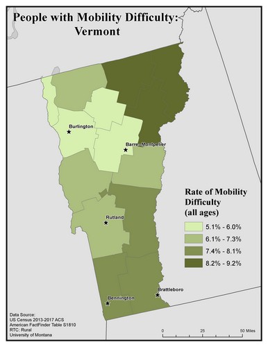 Map of VT showing rates of mobility difficulty. Text description on page.