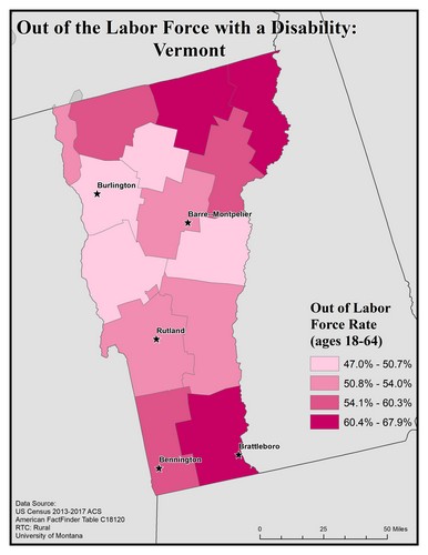 Map of VT showing rates of people with disability out of labor force. Text description on page.