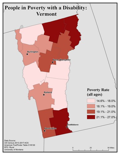 Map of VT showing rates of people with disabilities in poverty. Text description on page.