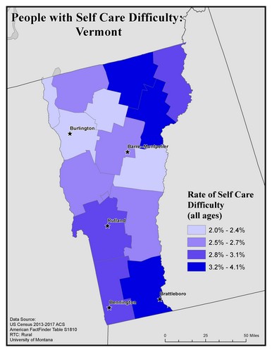 Map of VT showing rates of self-care difficulty. Text description on page.