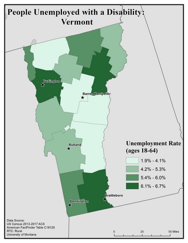 Map of VT showing rates of unemployment for people with disabilities. Text description on page.