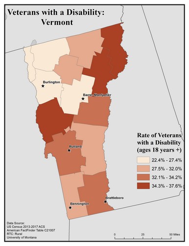 Map of VT showing rates of veterans with disability. Text description on page.