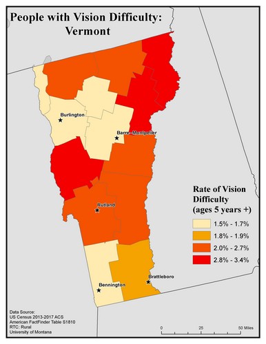 Map of VT showing rates of vision difficulty by county. Text description on page.