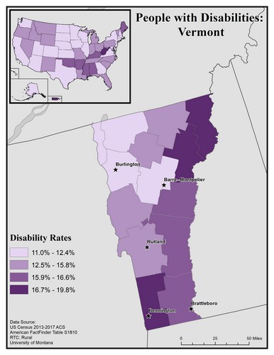 map of VT showing disability rate by county. Text description on page. 