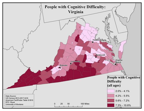 Map of VA showing rates of cognitive difficulty. Text description on page.