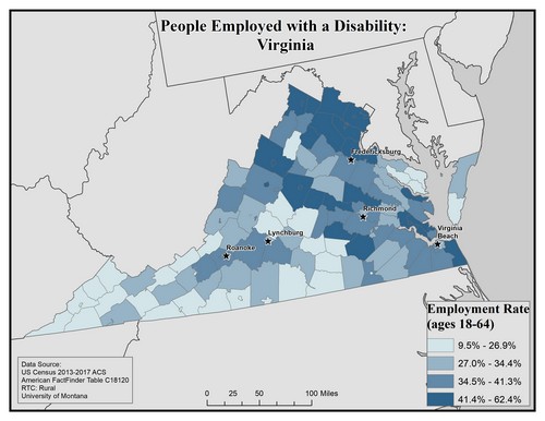 Map of VA showing rates of people with disability employed. Text description on page.