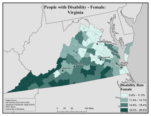 Map of VA showing rates of disability among females. Text description on page. 