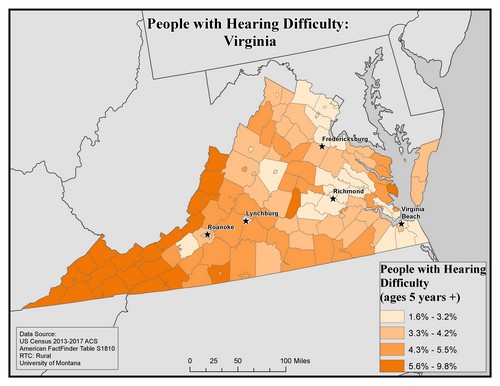 Map of VA showing rates of hearing impairment by county. Text description on page. 