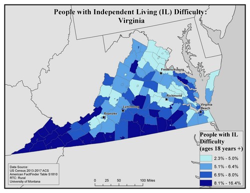 Map of VA showing rates of IL difficulty. Text description on page.