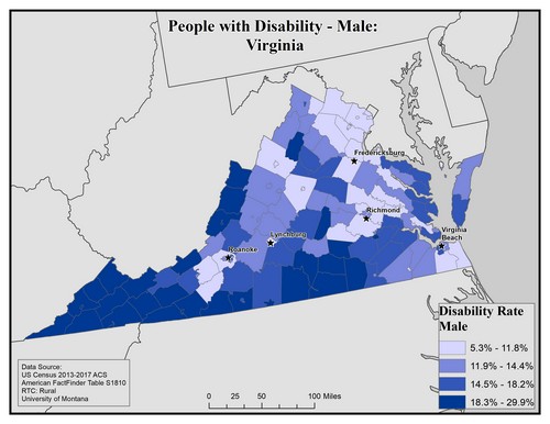 Map of VA showing rates of disability among males. Text description on page. 