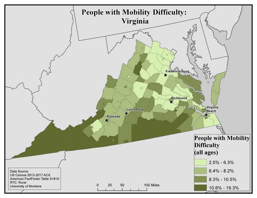 Map of VA showing rates of mobility difficulty. Text description on page.