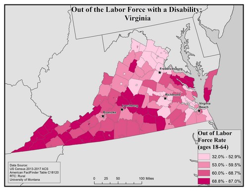 Map of VA showing rates of people with disability out of labor force. Text description on page.