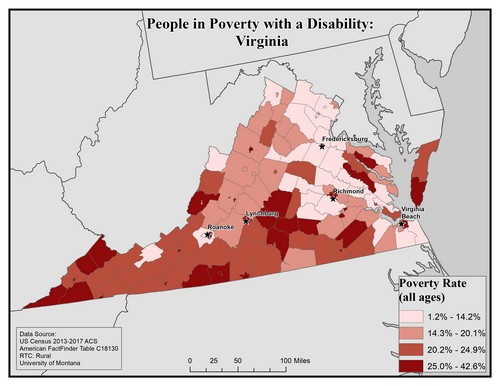 Map of VA showing rates of people with disabilities in poverty. Text description on page.
