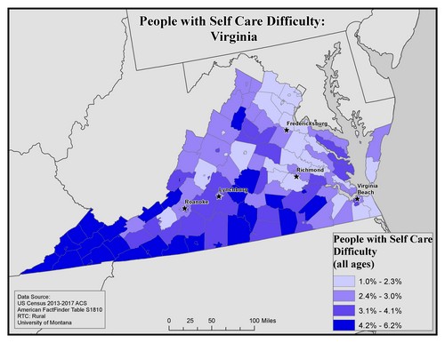Map of VA showing rates of self-care difficulty. Text description on page.