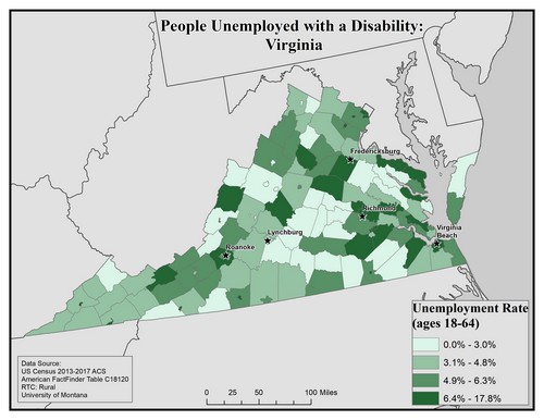 Map of VA showing rates of unemployment for people with disabilities. Text description on page.