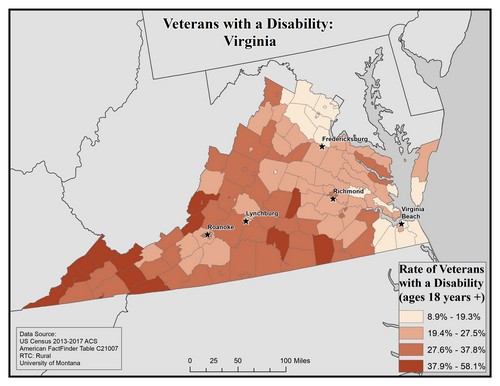 Map of VA showing rates of veterans with disability. Text description on page.