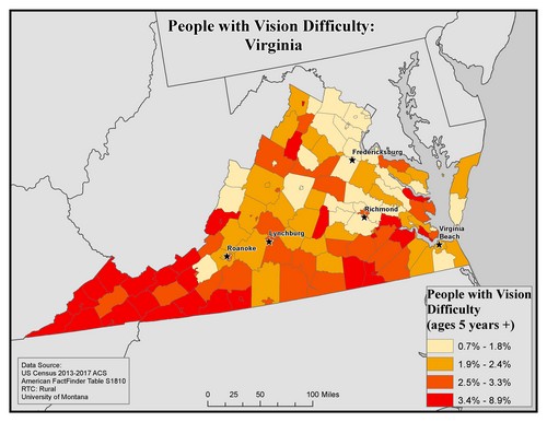 Map of VA showing rates of vision difficulty by county. Text description on page.