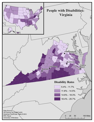 map of VA showing disability rate by county. Text description on page. 