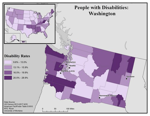 map of WA showing disability rate by county. Text description on page. 