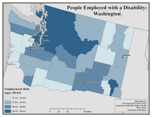 Map of WA showing rates of people with disability employed. Text description on page.