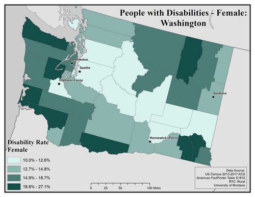 Map of WA showing rates of disability among females. Text description on page. 